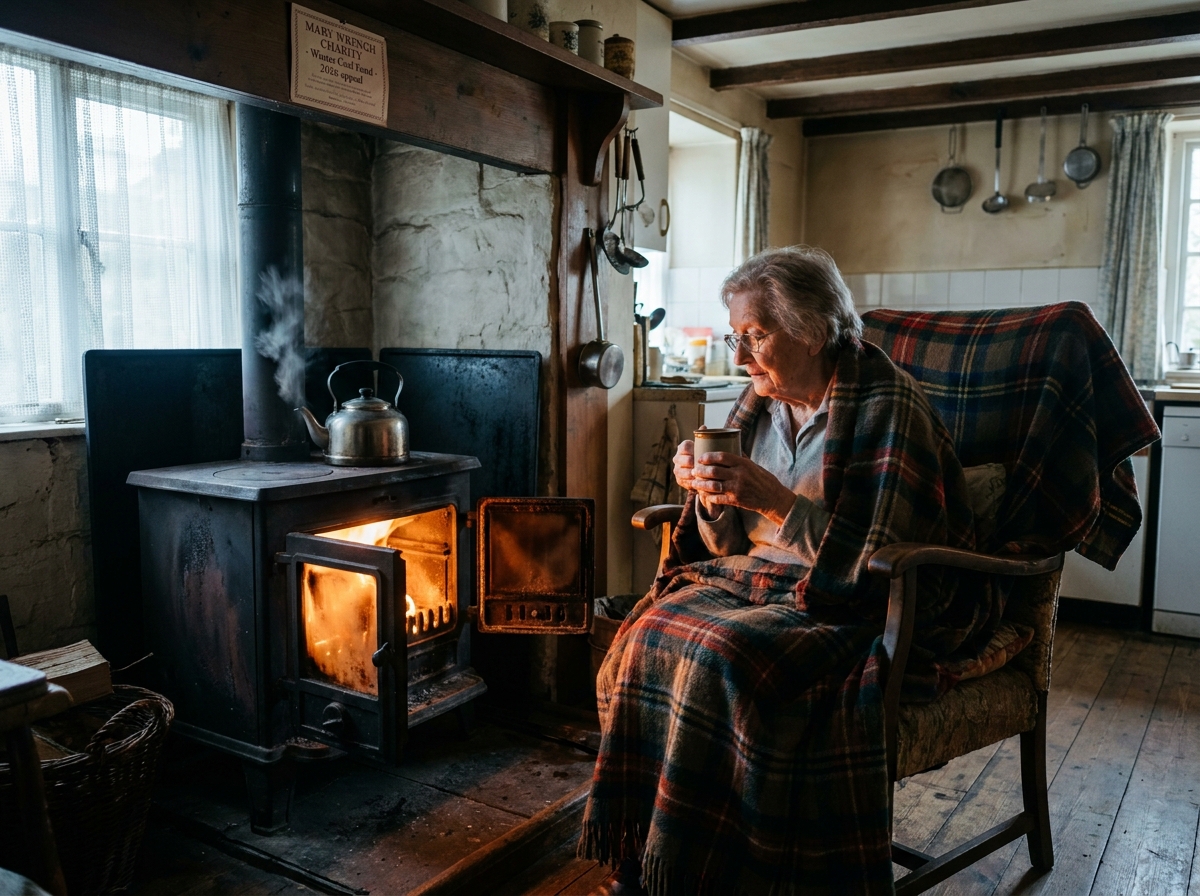 An older woman sits in a fireside chair by a cast-iron stove in her Knutsford kitchen, the firelight on the side of her face.