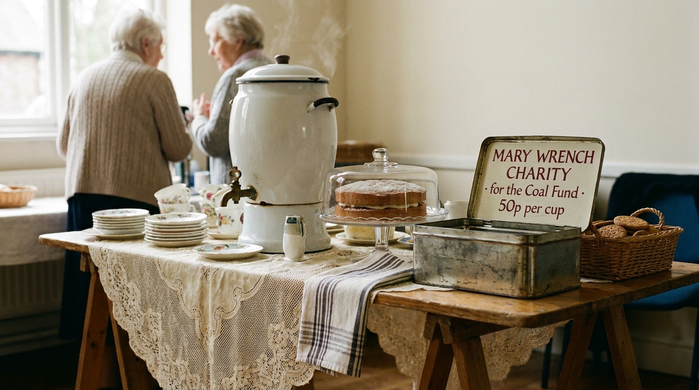 A Saturday-morning coffee morning trestle table in the parish room behind St John's, Knutsford, with a brass-tap tea-urn, a Victoria sponge under a glass dome, and a tin honesty-box marked 'Mary Wrench Charity · for the Coal Fund · 50p per cup'.
