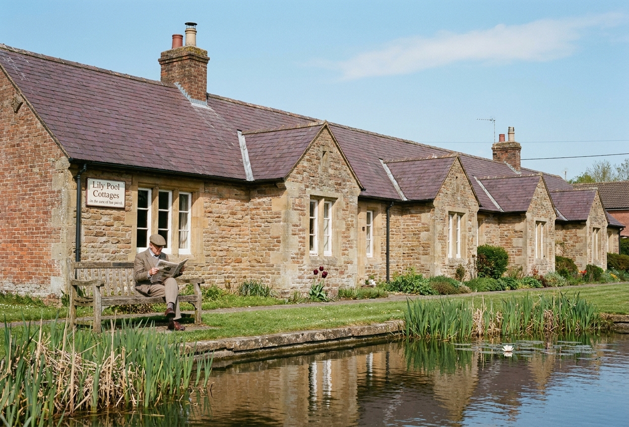 The row of low brick-and-sandstone almshouse cottages above the Lily Pool, Knutsford, on a spring afternoon, the pool fringed with reeds and a single white waterlily in bloom.