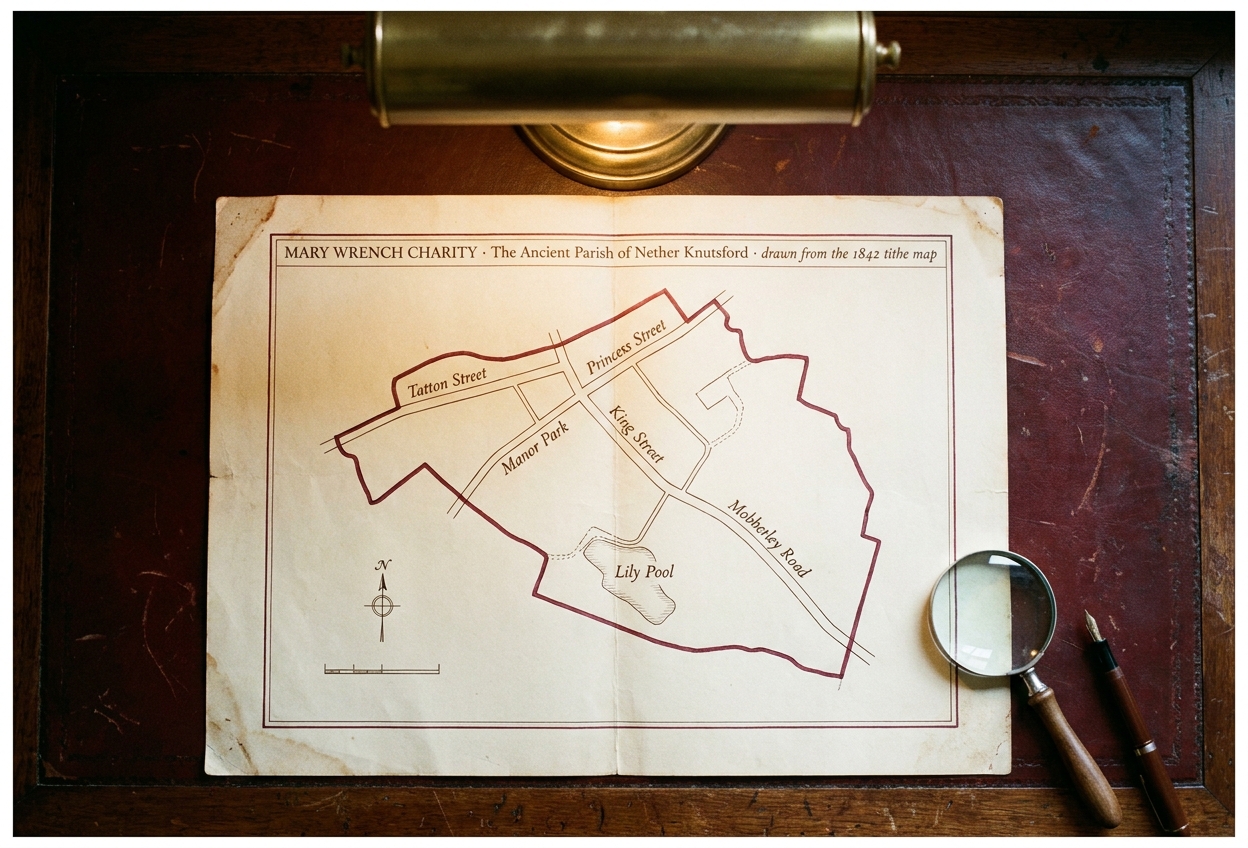 A hand-drawn parish boundary map of the ancient parish of Nether Knutsford, headed 'Mary Wrench Charity · The Ancient Parish of Nether Knutsford · drawn from the 1842 tithe map', resting on the trustees' desk in the vestry of St John's.