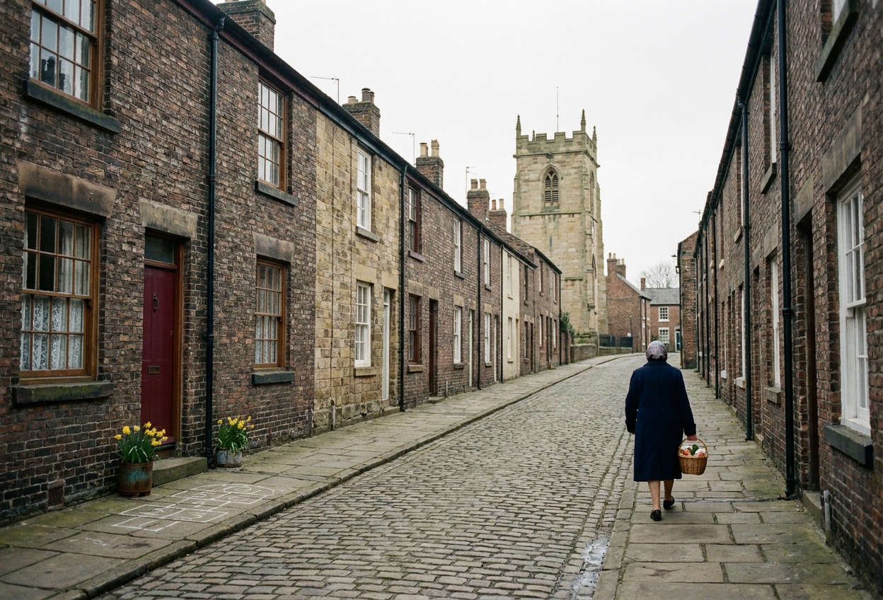 A view up Tatton Street, Knutsford, on an early March morning, the sandstone tower of St John's rising in the middle distance, a resident in a navy coat walking up the right-hand pavement.