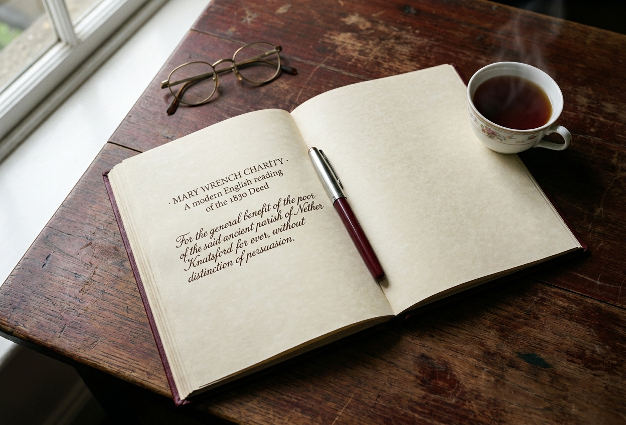 A leather-bound modern English transcript notebook open on the parish-room table, showing the hand-written line 'For the general benefit of the poor of the said ancient parish of Nether Knutsford for ever, without distinction of persuasion.'