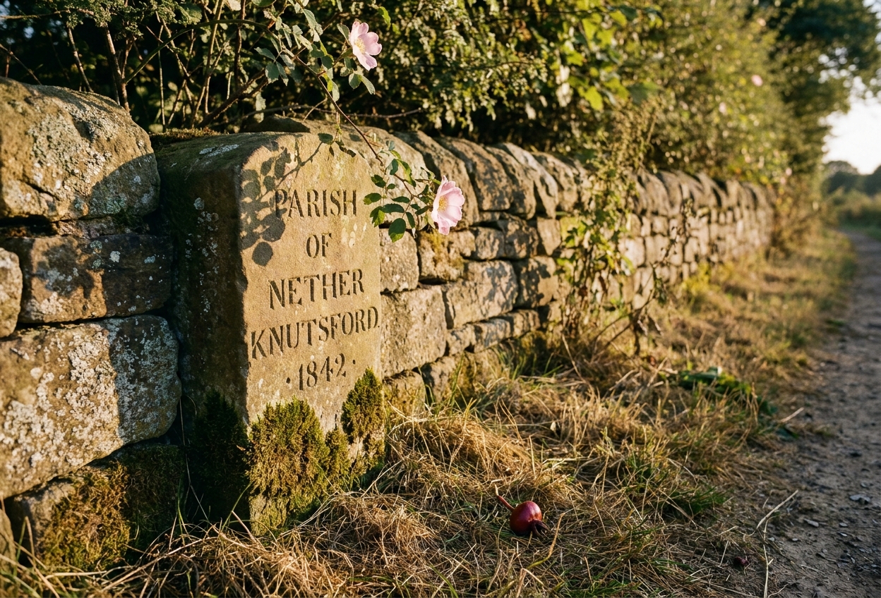 A weathered Cheshire sandstone parish boundary marker set into a dry-stone wall, carved with 'Parish of Nether Knutsford · 1842', a dog-rose hanging across the upper edge.