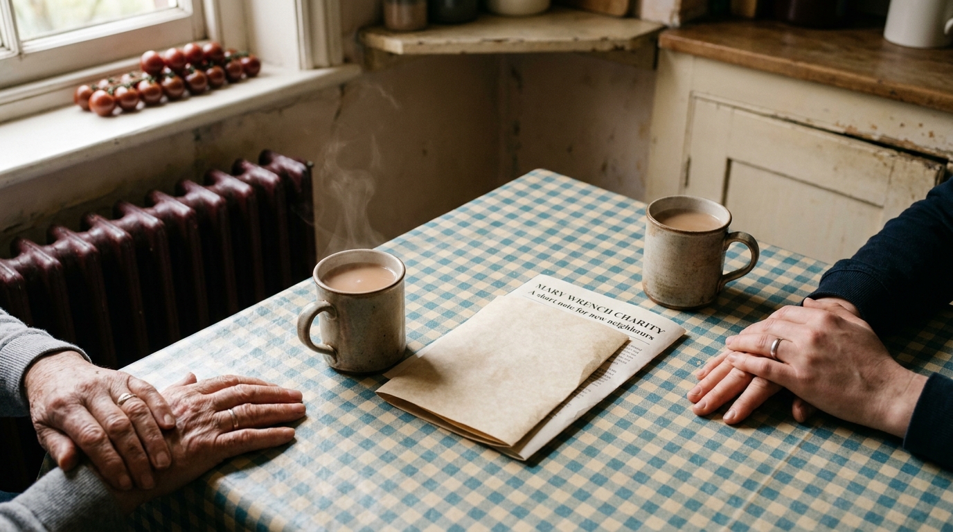 Two stoneware mugs of milky tea on the corner of a small kitchen oilcloth-covered table in a Knutsford terrace, with a folded parish leaflet from Mary Wrench Charity between them.