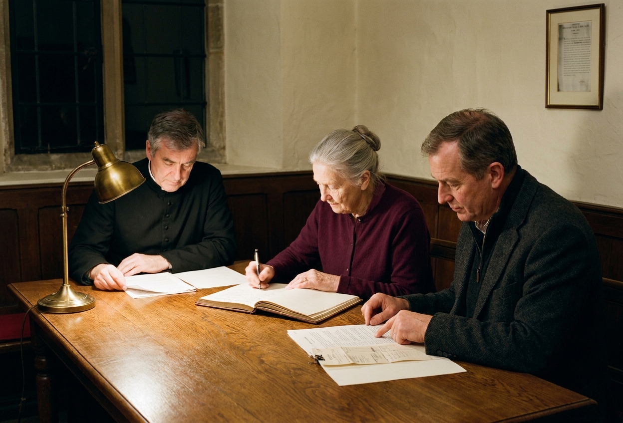 A quarterly trustees' meeting of Mary Wrench Charity in the rear vestry of St John's, Knutsford, on a Tuesday evening, the brass desk-lamp casting a warm pool of light across the oak table.