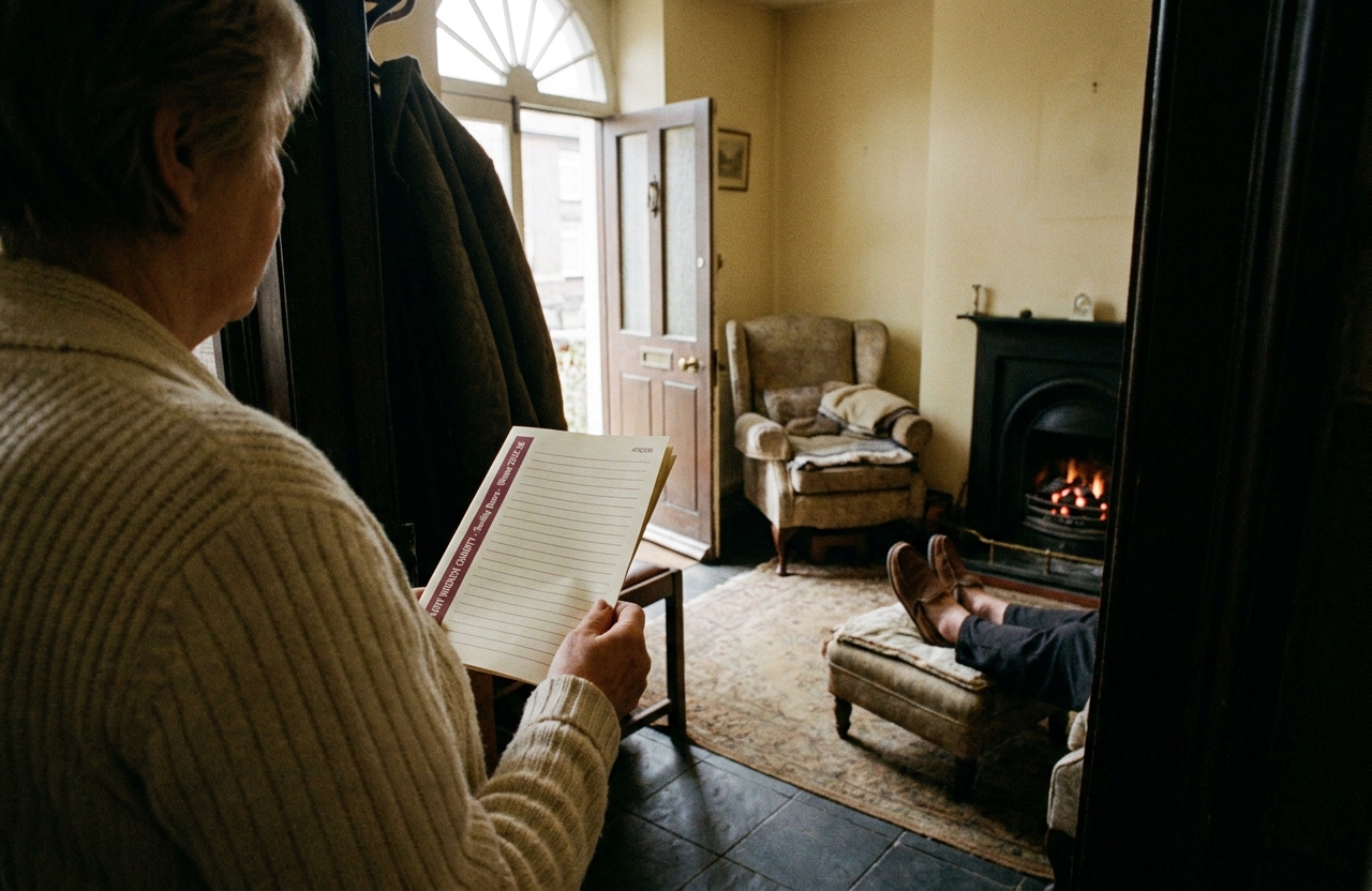 A befriender stands inside a Knutsford terrace porch holding a parish leaflet for the Sunday Doors winter round.