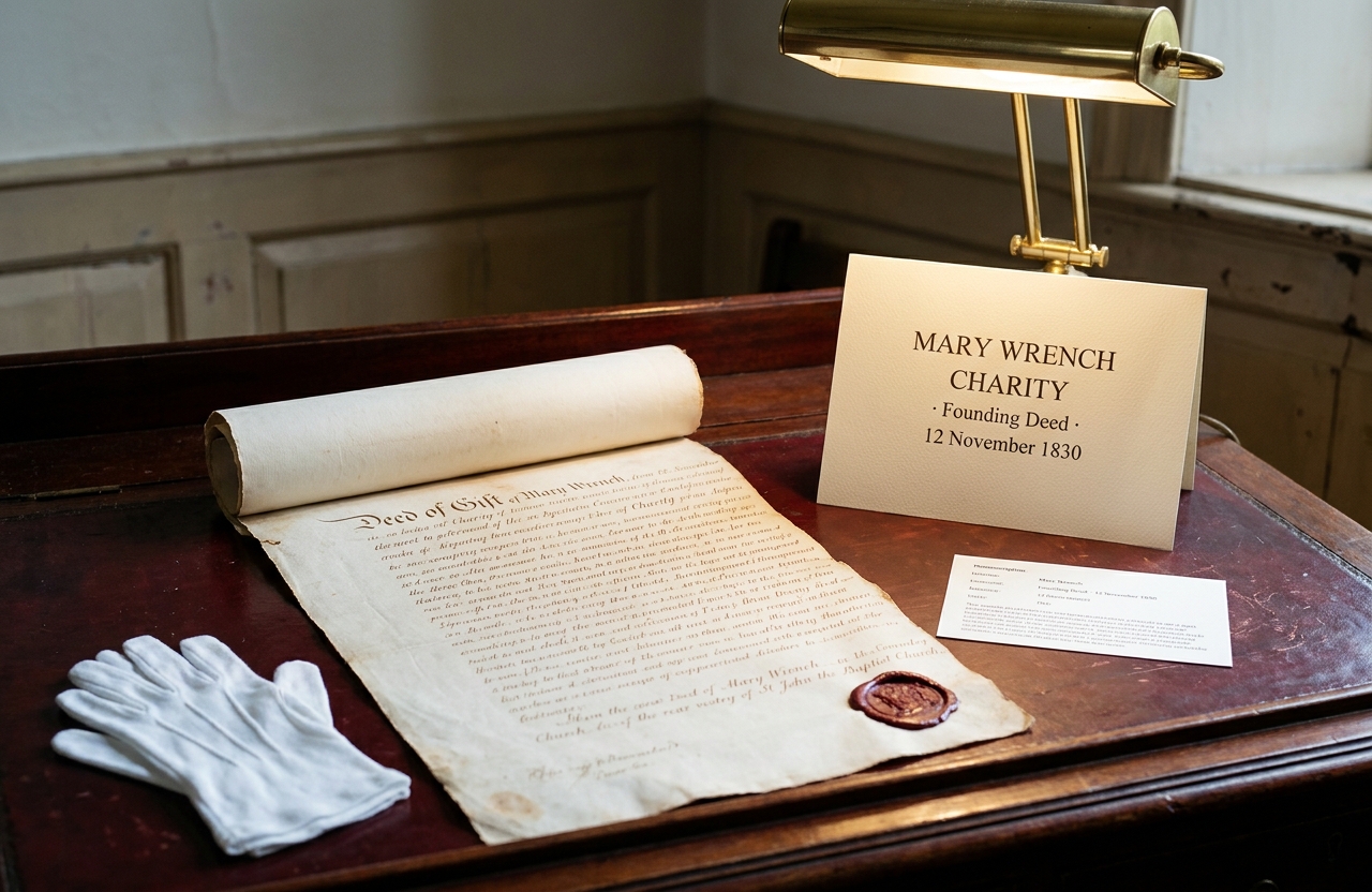 The original 1830 Deed of Gift of Mary Wrench, partly unrolled across the vestry desk, beside a transcription card.