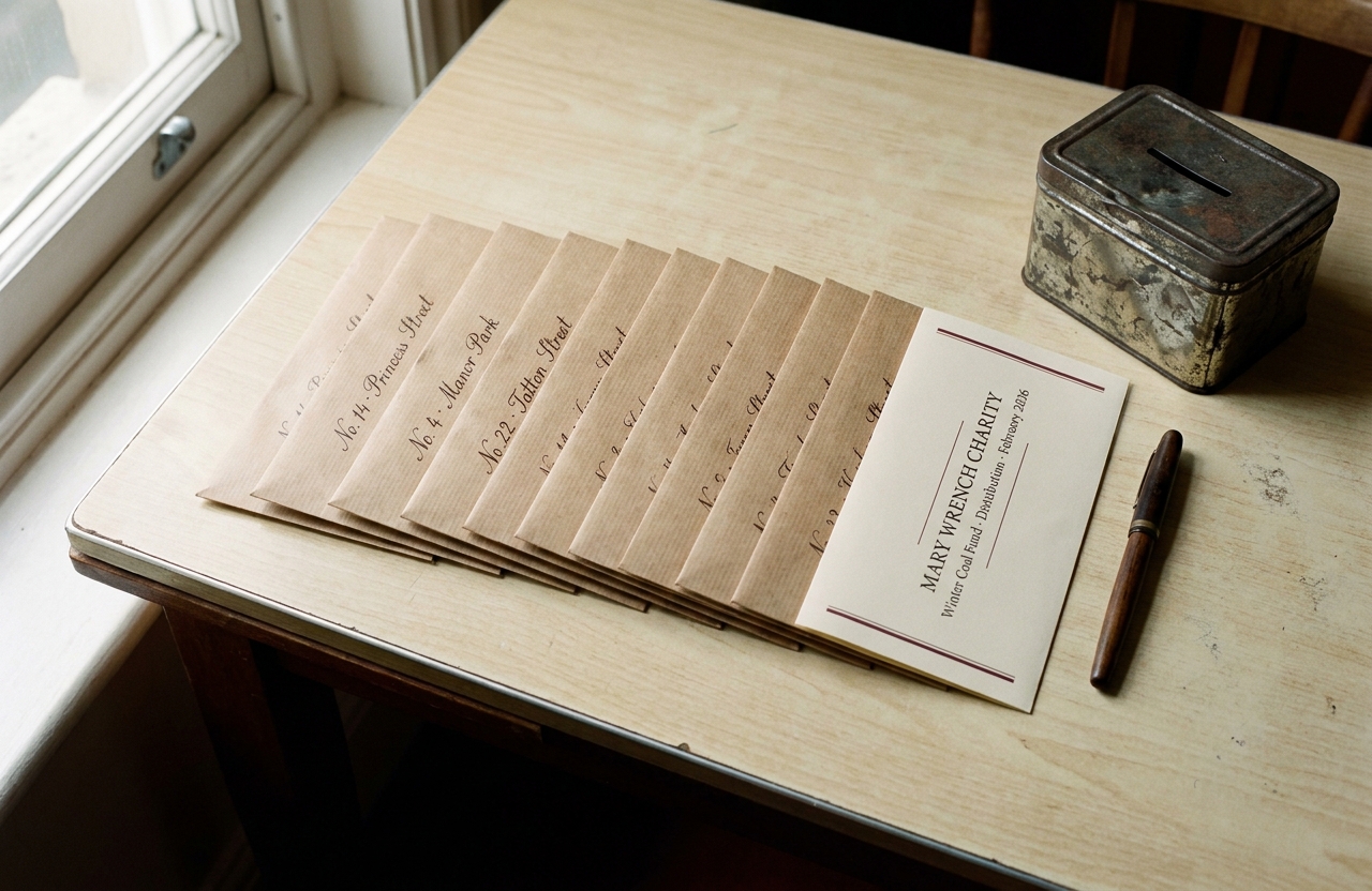 A neat row of nine fountain-pen-addressed envelopes lies across a kitchen table beside the parish dispatch.