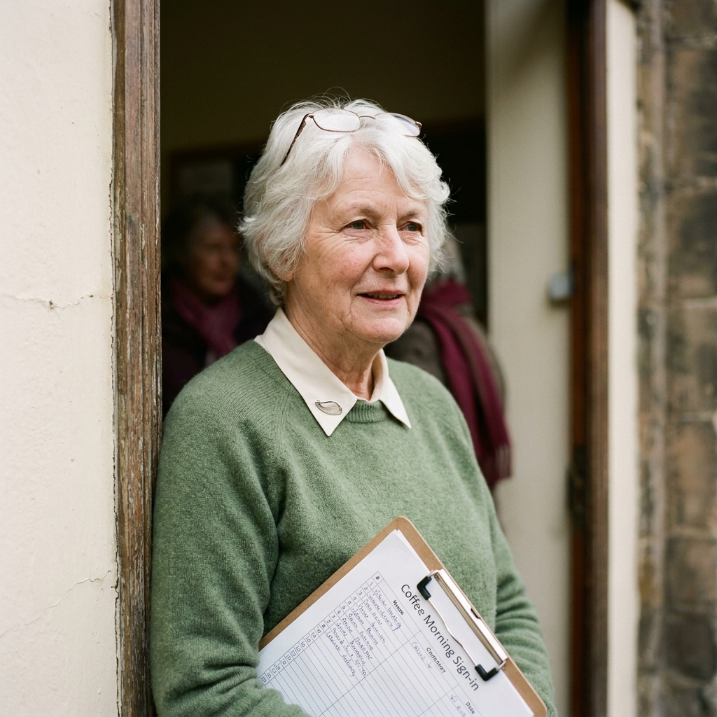 Catherine Holding in a moss-green jumper, clipboard tucked under her arm, in the doorway of the parish hall on King Street.