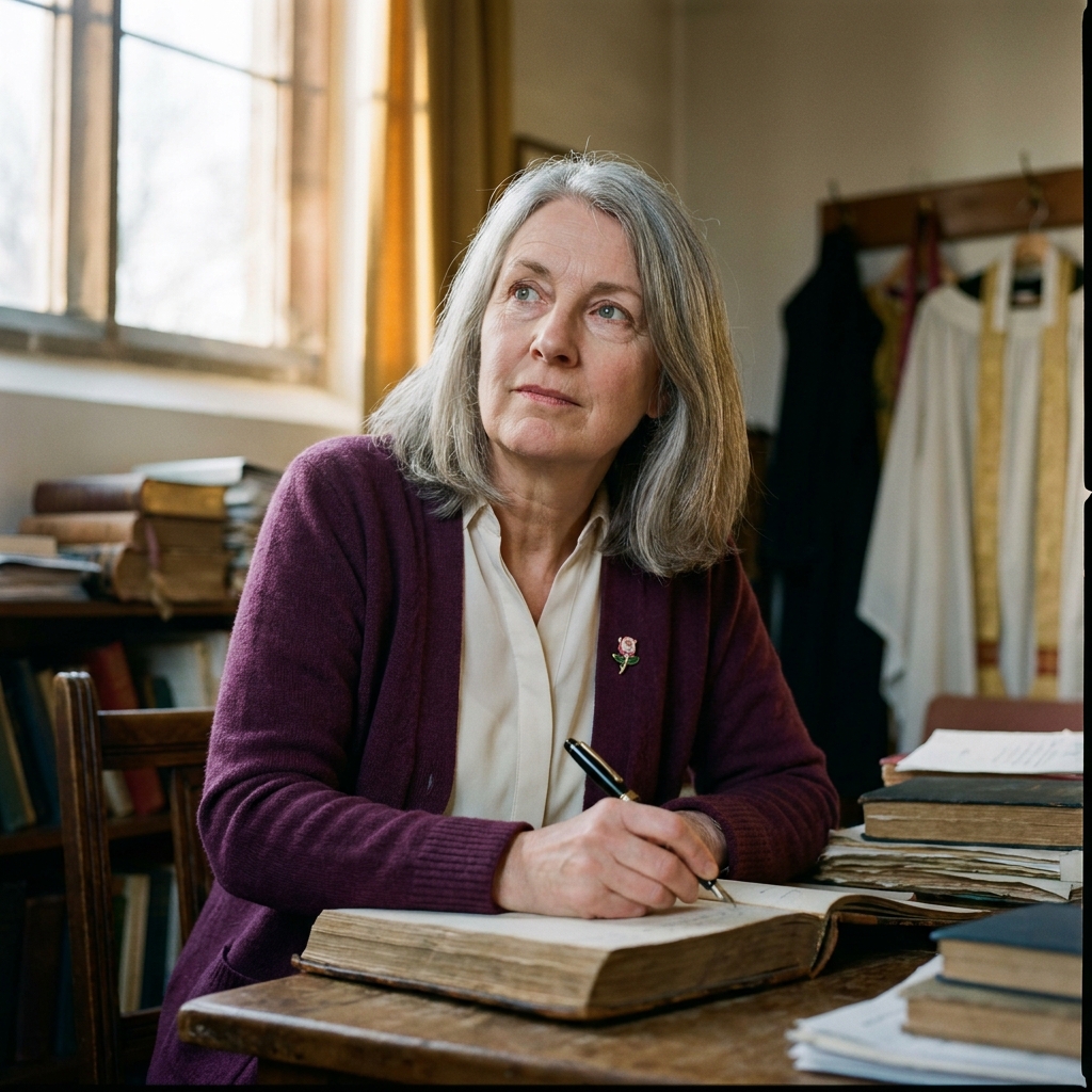 Elaine Tamkin in a plum cardigan, mid-action signing the parish ledger in the rear vestry.