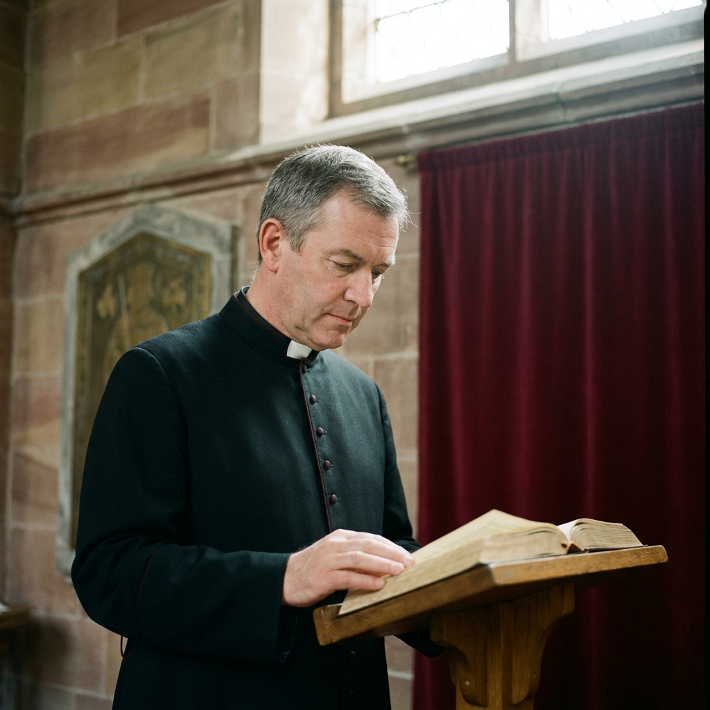 The Rev. Nigel Atkinson, in clerical cassock, beside a memorial brass in the south aisle of St John's.