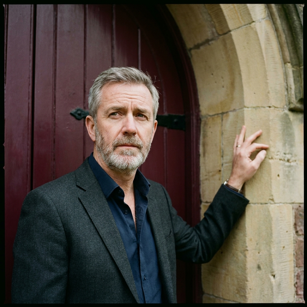 Stephen John Lee in a charcoal wool jacket beside the sandstone arch of the south porch.