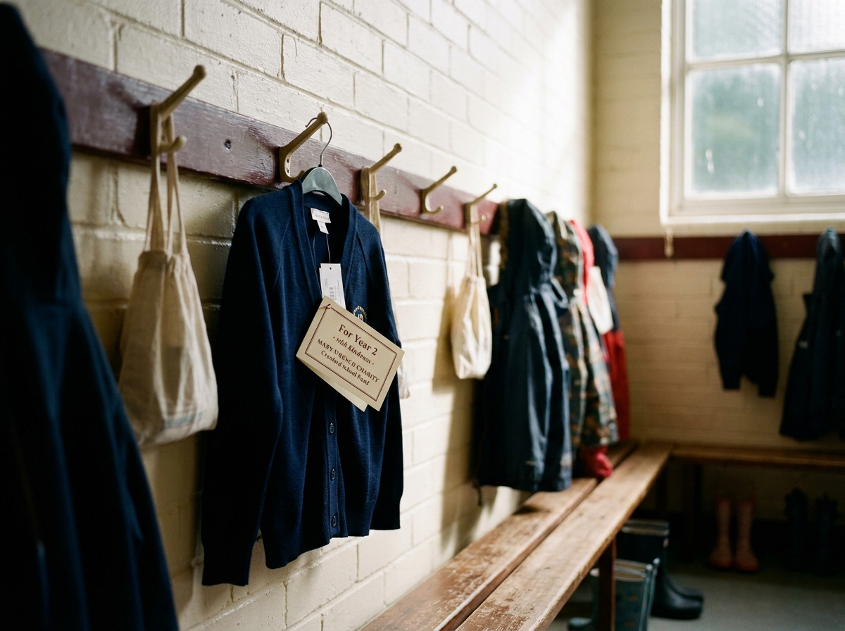 A new navy school cardigan hangs on a peg in a Knutsford primary-school cloakroom, with a card pinned 'For Year 2 · with kindness'.