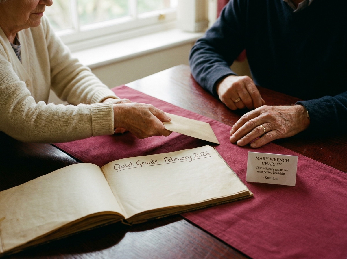 A hand slides an unmarked envelope across the parish-room table beside a ledger headed 'Quiet Grants · February 2026'.