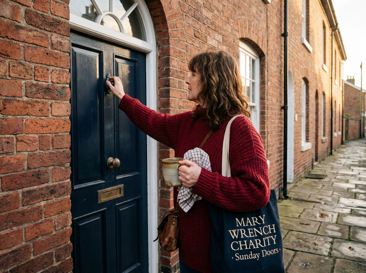 A befriender on the doorstep of a Knutsford terrace, carrying a tote bag stitched 'Mary Wrench Charity · Sunday Doors'.