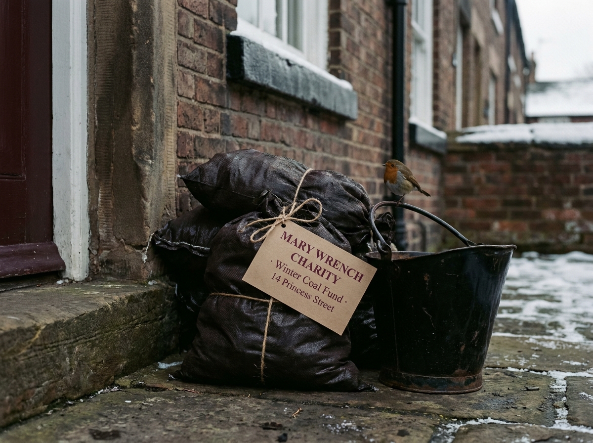 A small heap of bagged smokeless fuel beside the back step of a terrace, with a hand-tied label reading 'Mary Wrench Charity · Winter Coal Fund'.