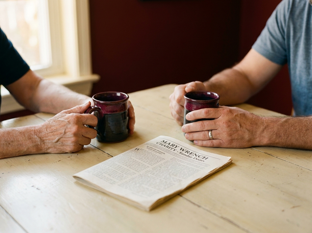 Two pairs of hands across a small kitchen table, cradling stoneware mugs, a parish dispatch between them reading 'Mary Wrench Charity · Sunday Doors'.