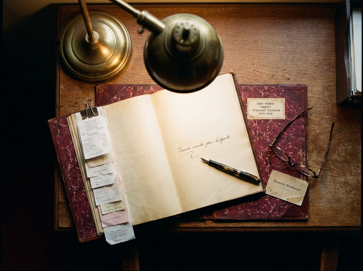 The parish ledger and a fountain pen on the vestry desk, a brass desk-lamp casting a warm pool of light.