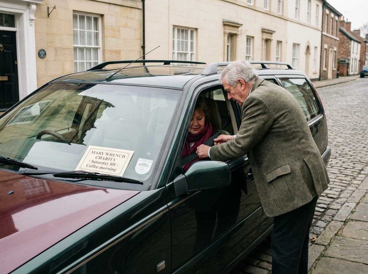 A dark green estate car parked on a Knutsford street, the driver helping an older passenger with a seatbelt.