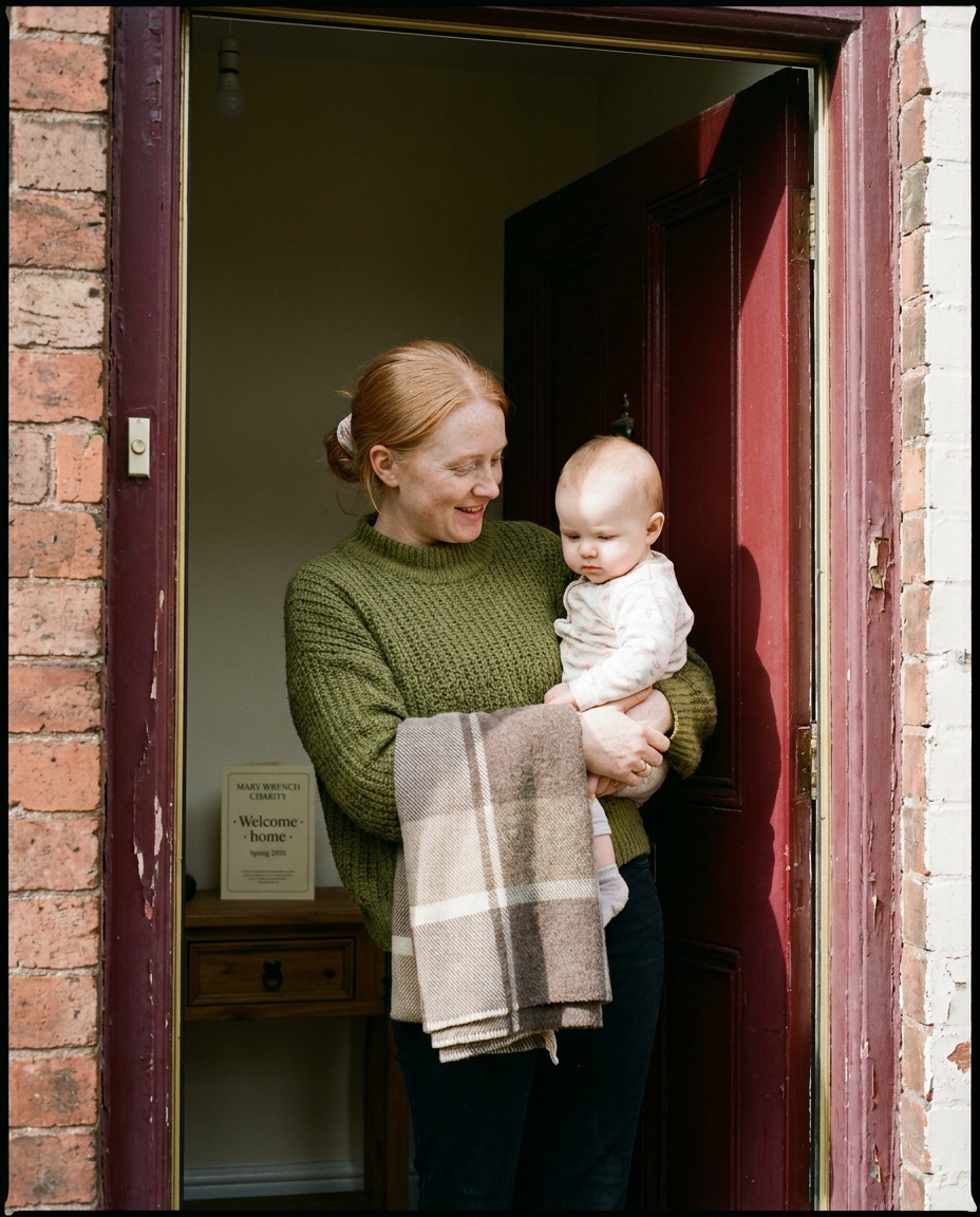 Bethan, 28, in a moss-green jumper, holds her infant daughter on the front step of a small flat off Mobberley Road, Knutsford.