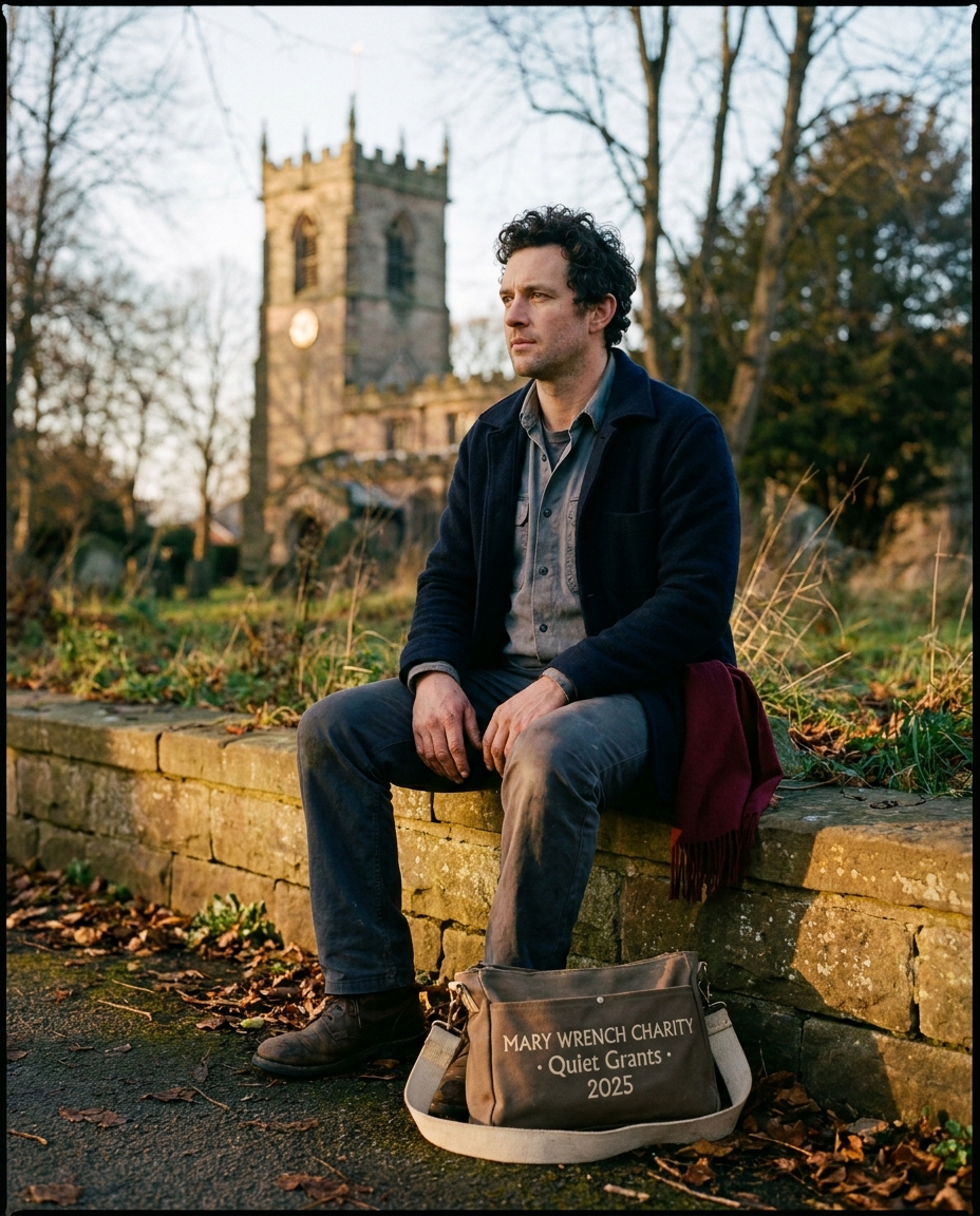 James, 34, in a navy donkey-jacket, sits on the low sandstone churchyard wall of St John's Knutsford in the evening.