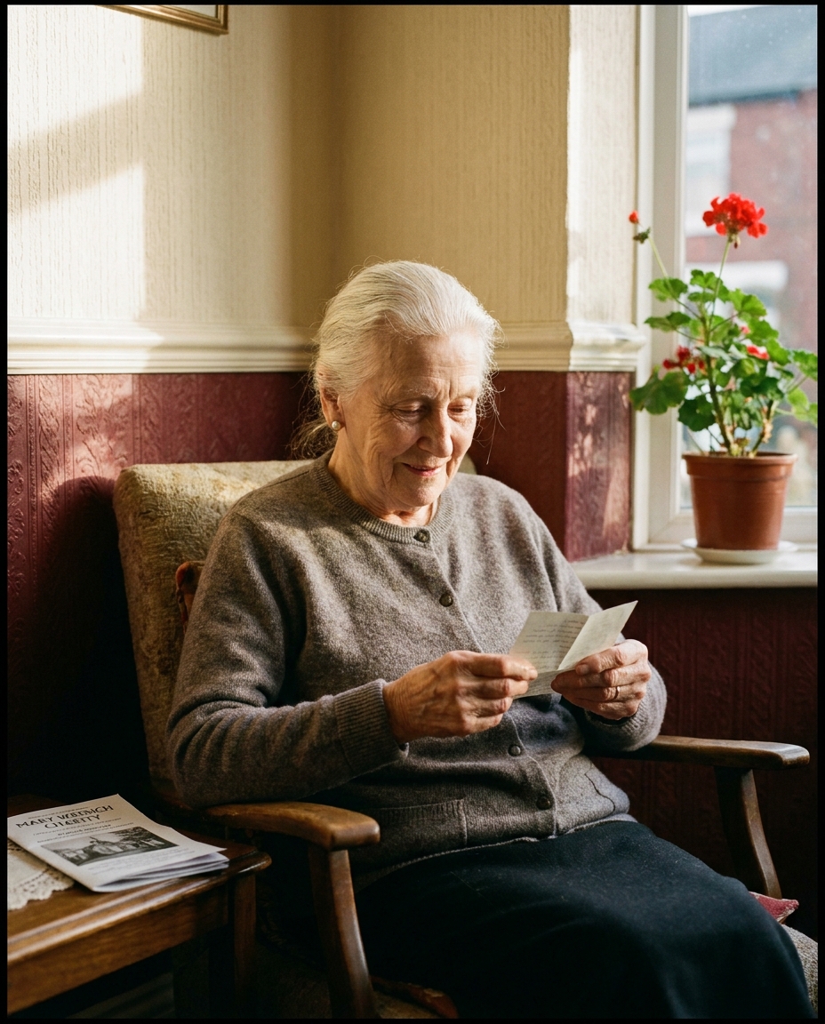 Mrs Shaw, 81, in a heather wool cardigan, sits in the bay window of her front parlour at the top of Tatton Street, Knutsford, reading a folded note.