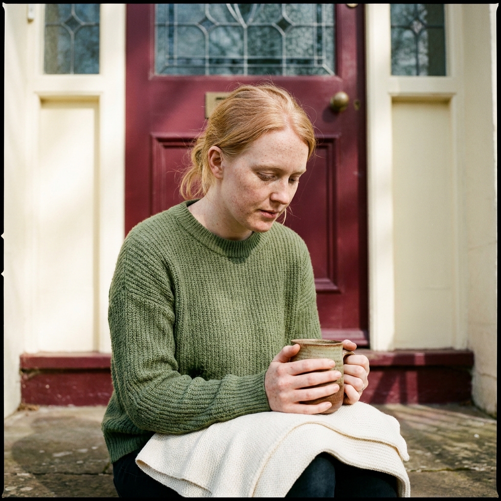 Bethan, 28, in a moss-green jumper, on the doorstep of a small flat off Mobberley Road, Knutsford.