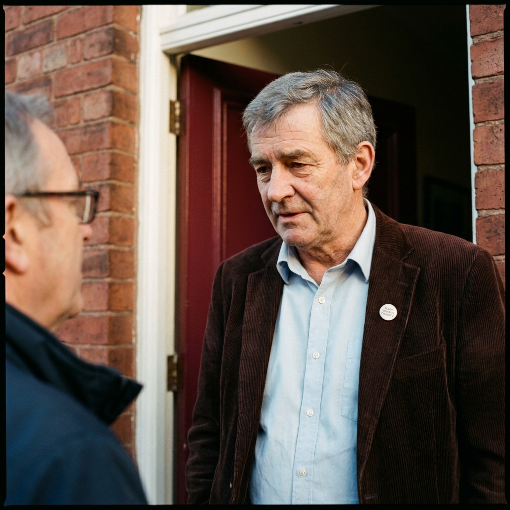 David, 66, in a brown corduroy jacket, at the doorway of his Princess Street terrace, Knutsford.