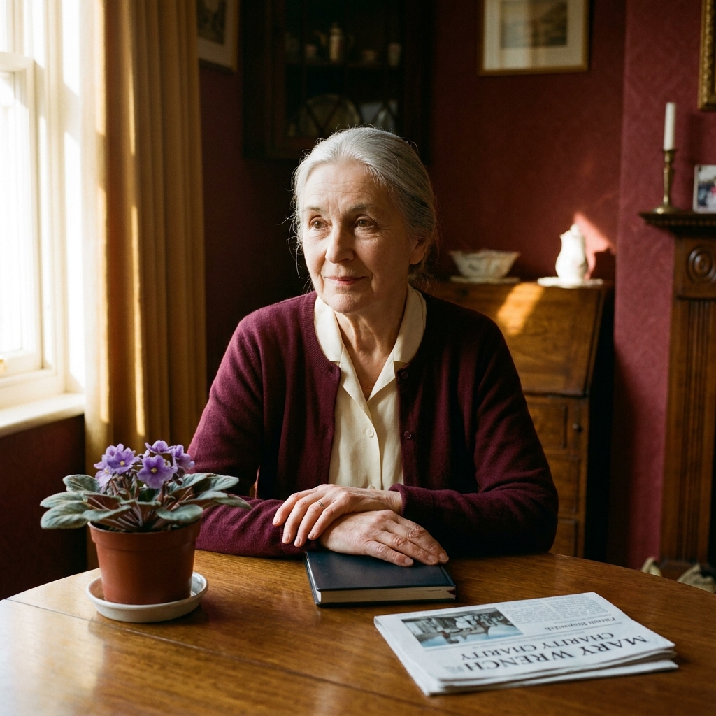 Margaret, 78, in a deep claret cardigan, at the round table in her parlour at the top of Tatton Street, Knutsford.