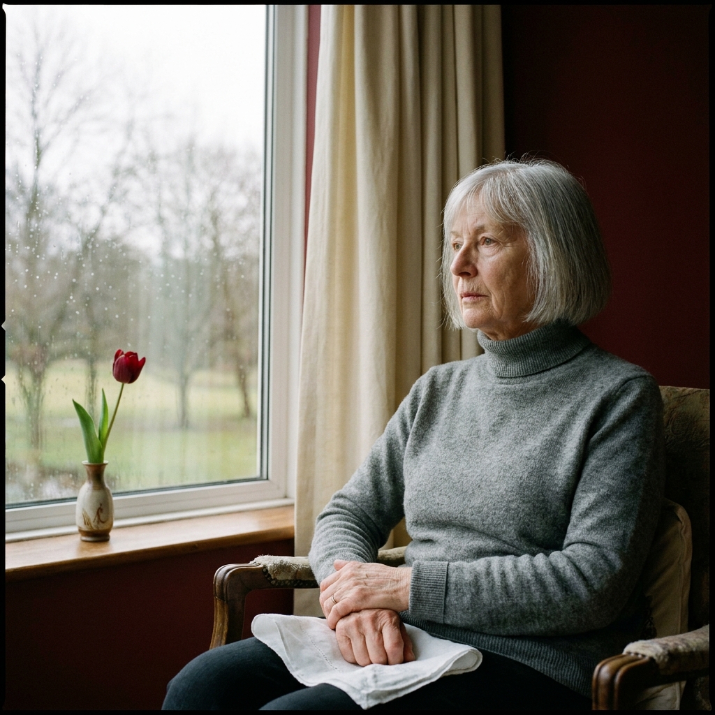Rosalind, 71, in a heather wool turtleneck, in the bay window of her flat near Tatton Park gates.
